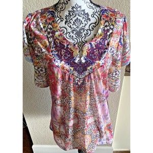 NWT Apt 9 Blouse L Large Lg Sublimation Top Shirt Rhinestones Pink Pretty